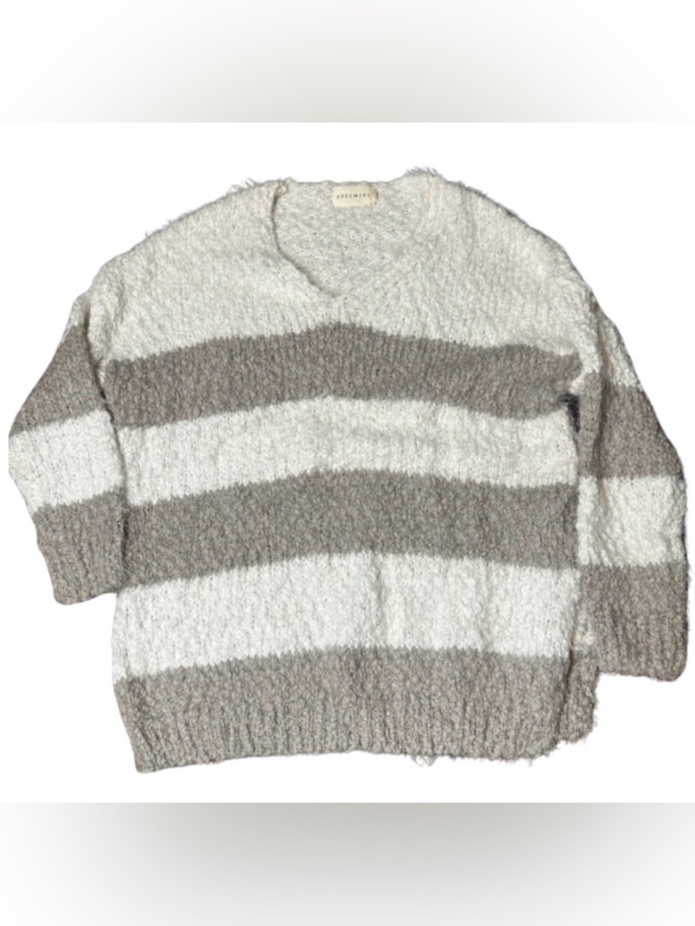 Dreamers by Debut Striped Popcorn Knit V-Neck Sweater S/M Taupe Cream Oversized